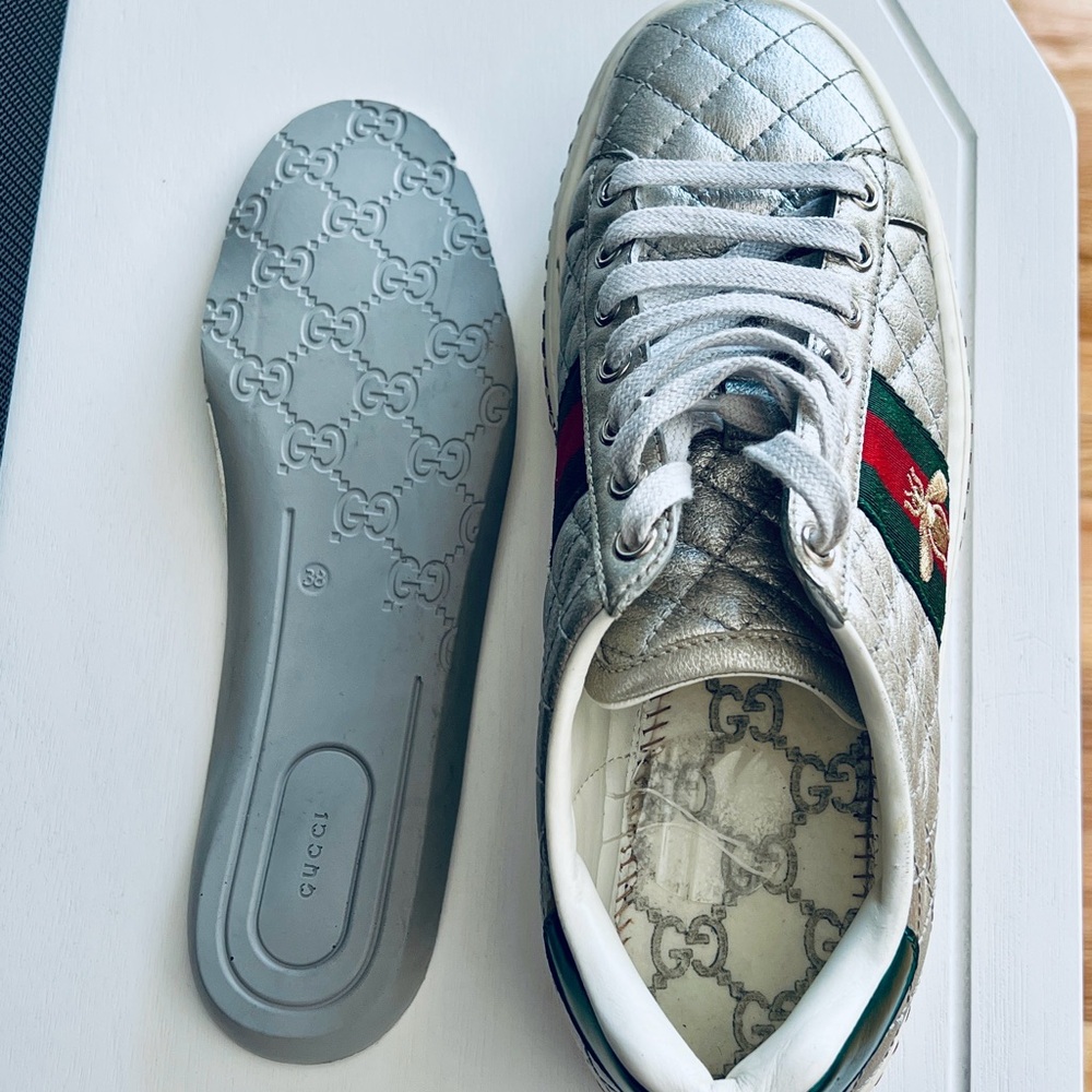 Gucci Silver Quilted Leather Bee Web Ace Crystal Embellished Platform Sneakers - Picture 11 of 16